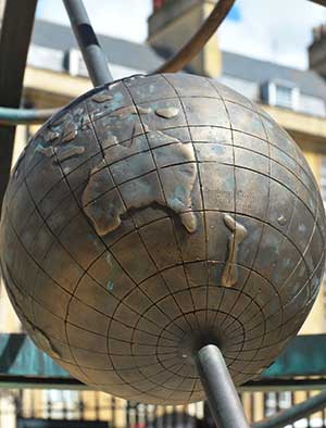 Bronze globe memorializing  the path of the First Fleet from Britain to Australia in 1787