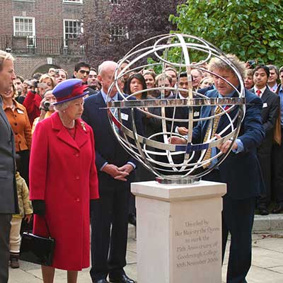 Queen Elizabeth unveils an armillary sphere at Goodenough College, London