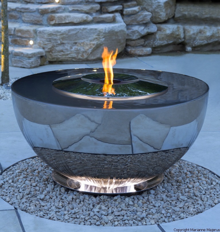 Detail of the Fire Chalice fire table water feature
