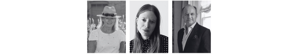 A black-and-white photo collage of three people at a workshop: on the left, a smiling woman in a hat; in the center, a woman with long straight hair in a polka-dot shirt; on the right, a man in a suit and tie by a window.