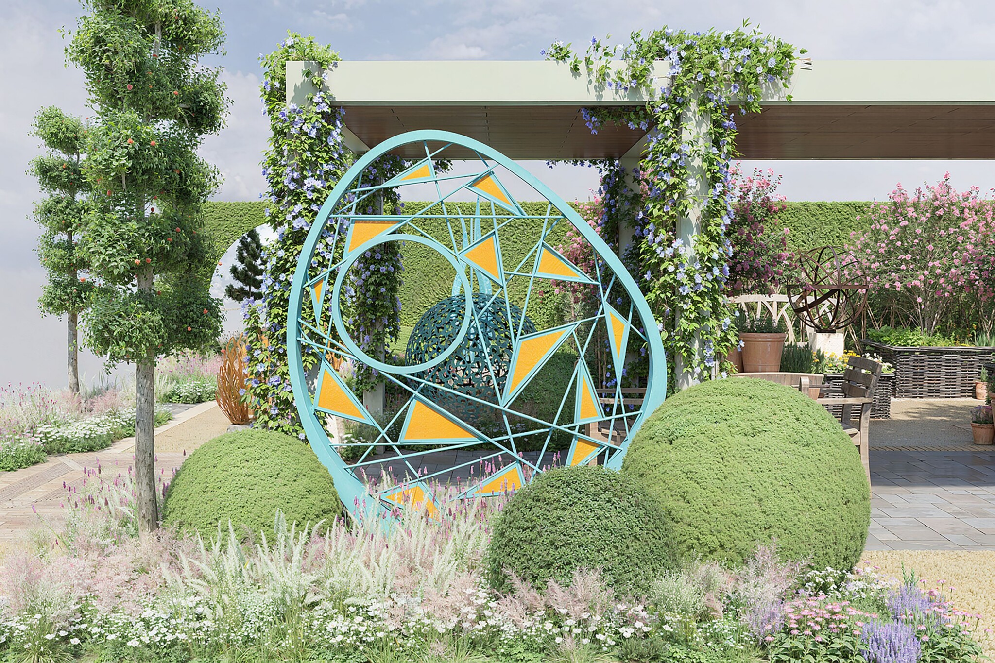 Bronze mesh organic sculpture with gold elements in a show garden setting