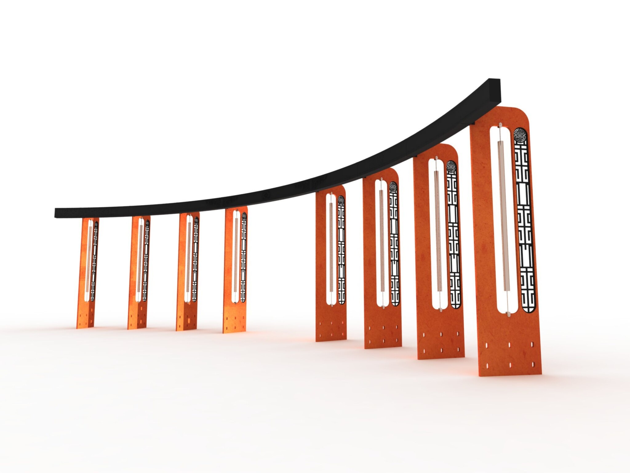 Digital render of a large-scale outdoor sculpture that looks like wind chimes.