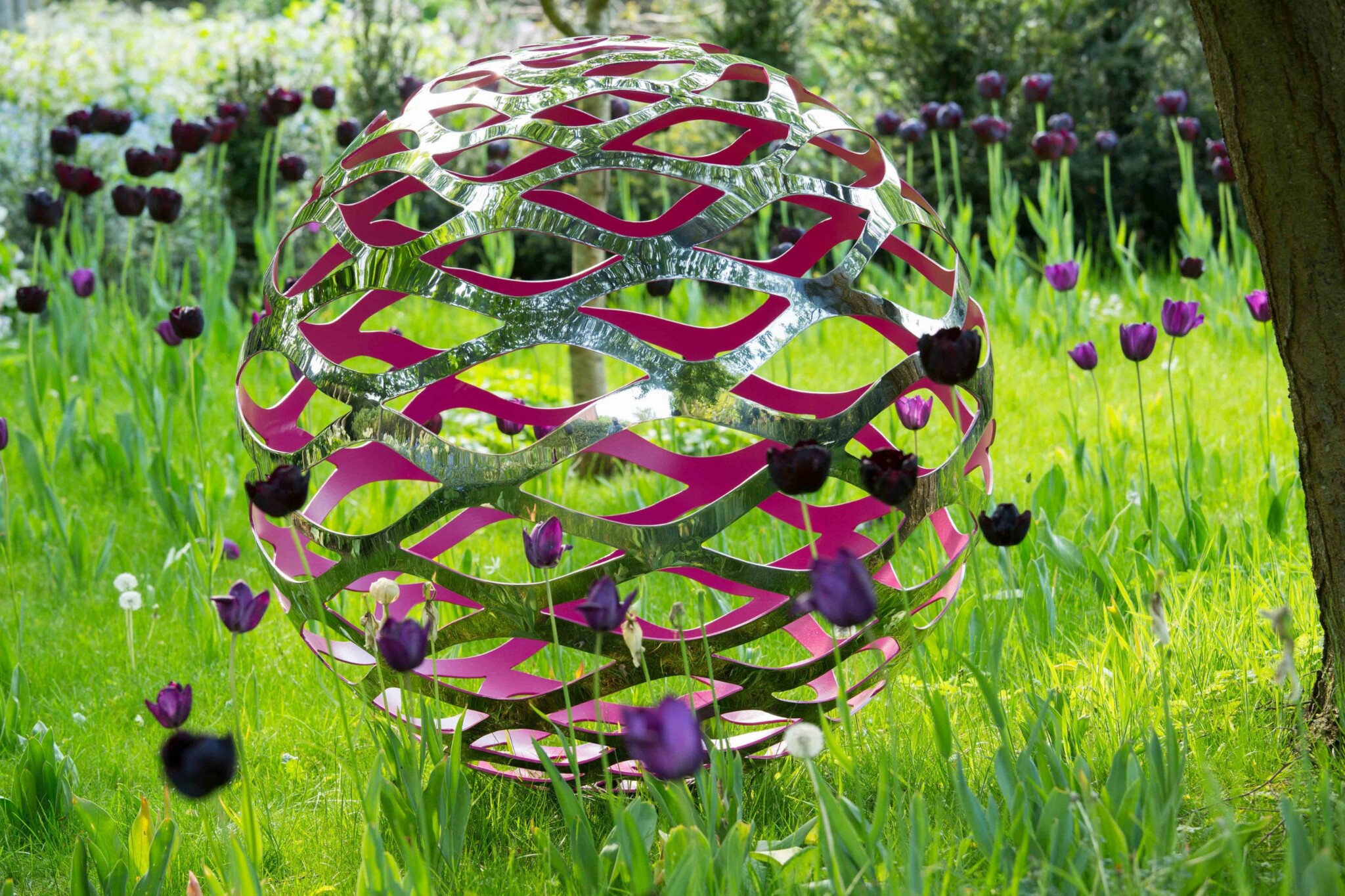 Stainless steel ball sculpture with wave-like cut outs and a painted pink interior, surrounded by spring tulips