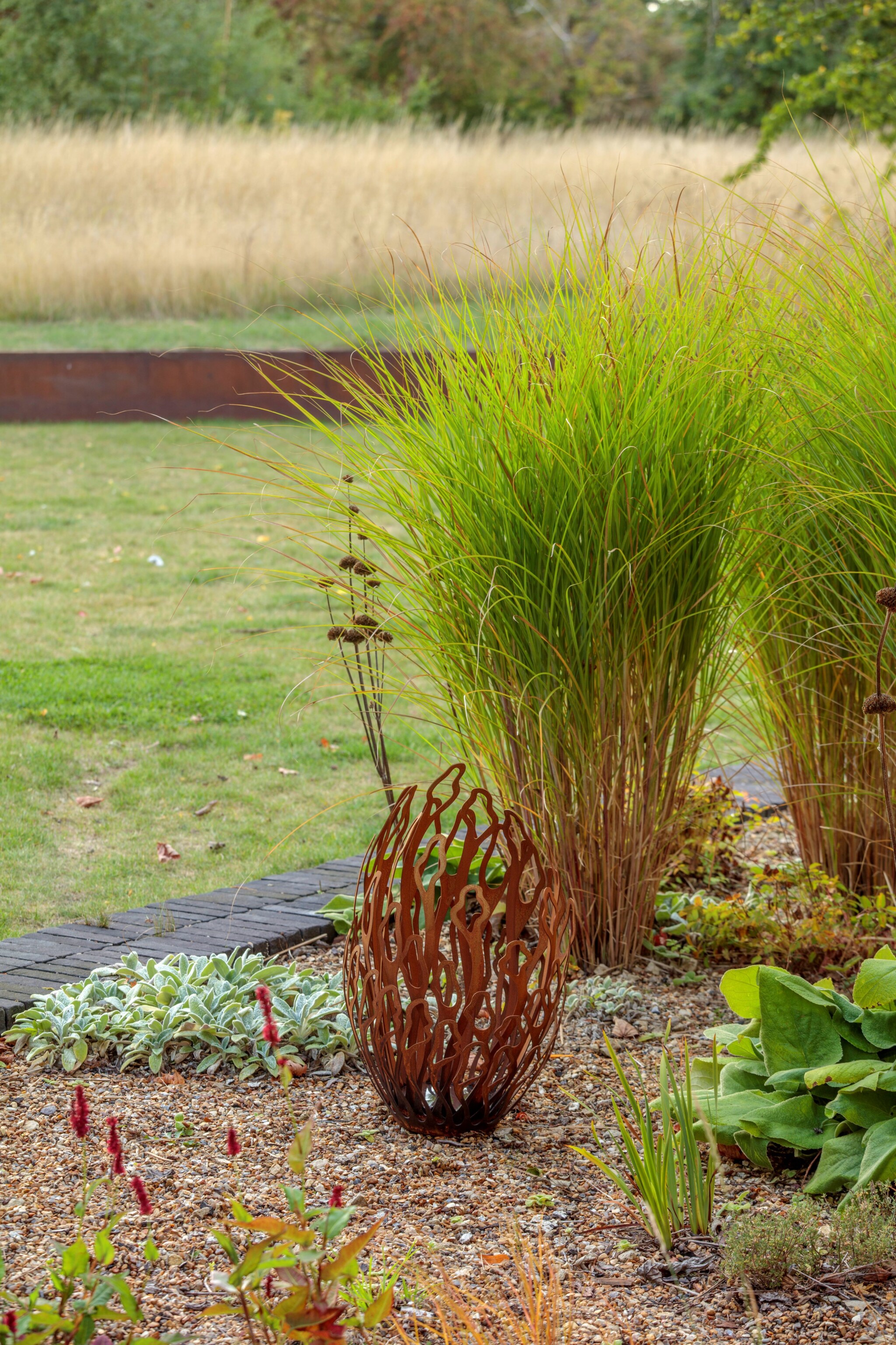 Alba oxidised steel abstract sculpture surrounded by ornamental grasses and plants in a landscaped garden.