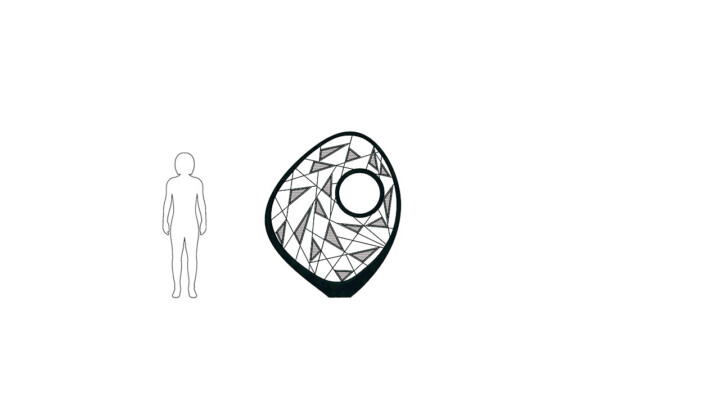 Scale image of David Harber's outdoor sculpture, Nexa.