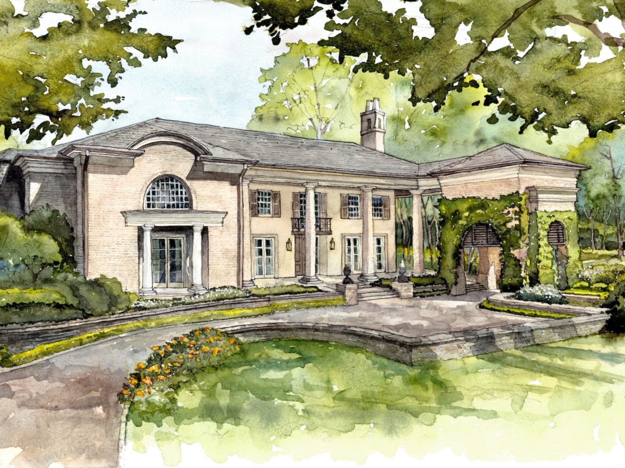 Watercolour illustration of a large, elegant two-storey house with arched windows and a grand entrance, inspired by a Designer Showhouse for FLOWER Magazine. Ivy climbs the façade, with manicured trees, shrubs, and flowerbeds along the curving path.