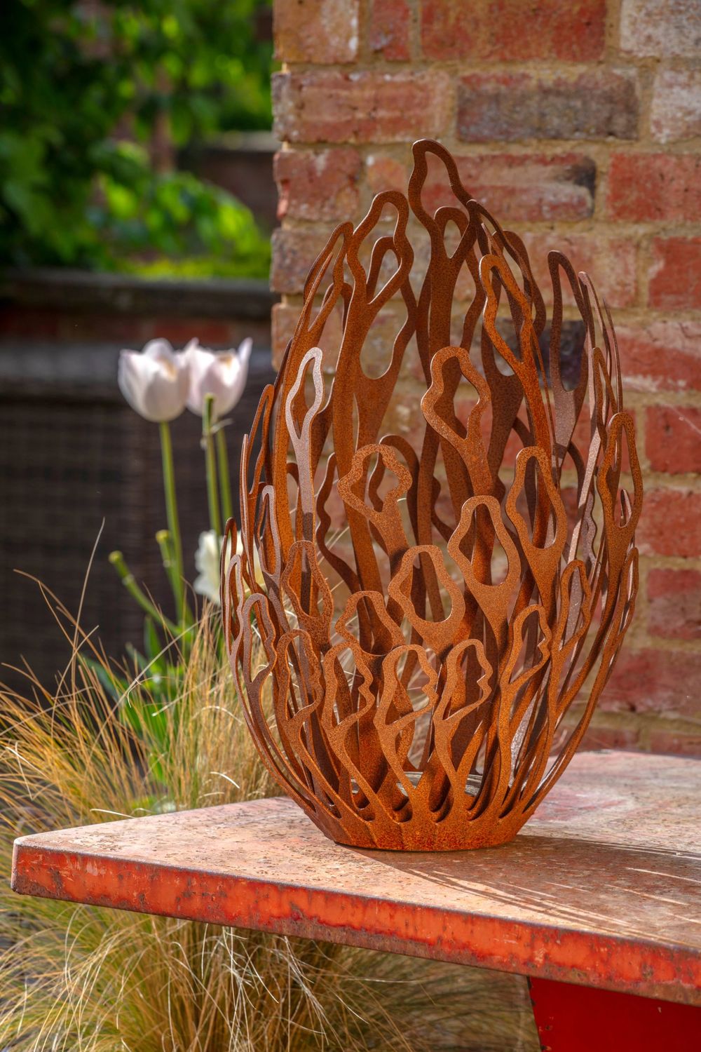 oxidized steel art piece inspired by the organic, delicate structure of coral reefs