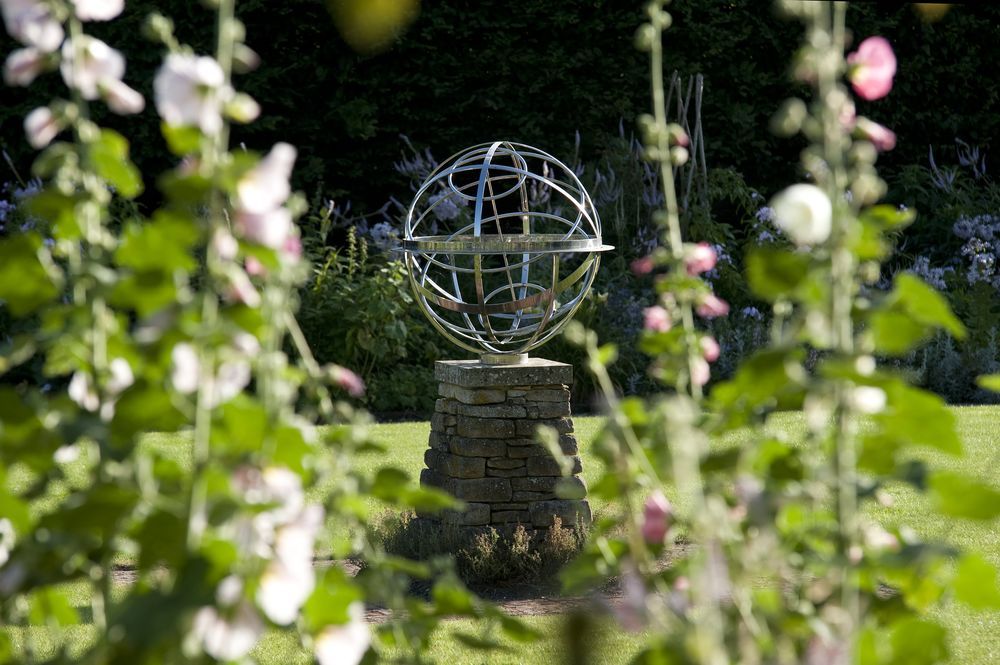 David Harber armillary sphere sundial set-up at a garden