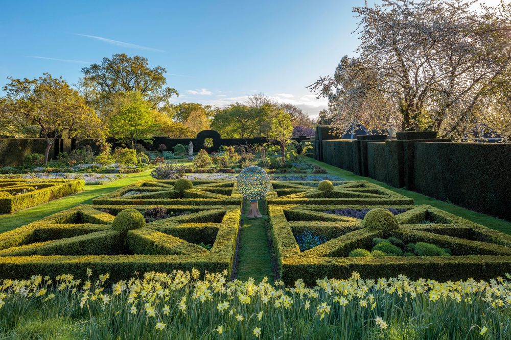 formal parterre garden featuring symmetrical, low-clipped boxwood hedges